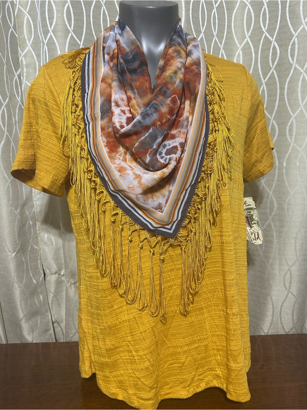 ONE WORLD Mustard Short Sleeve Fringe Tunic with Multicolor Scarf